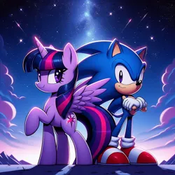 Size: 1024x1024 | Tagged: safe, ai content, derpibooru import, machine learning generated, twilight sparkle, twilight sparkle (alicorn), alicorn, hedgehog, pony, crossed arms, duo, female, image, jpeg, male, prompter:meshari7, sonic the hedgehog, sonic the hedgehog (series), wrong eye color