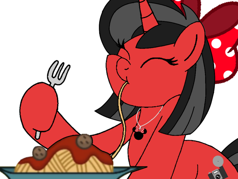 Size: 1066x800 | Tagged: safe, artist:noi kincade, derpibooru import, oc, oc:minnie motion, unicorn, bow, eating, eyes closed, female, food, fork, g4, hair bow, horn, image, jewelry, necklace, pasta, png, simple background, spaghetti, transparent background