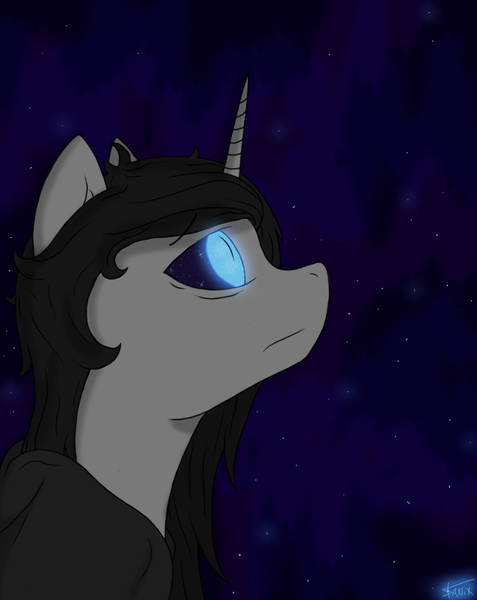 Size: 859x1080 | Tagged: safe, artist:anix_space, derpibooru import, oc, oc:anix, alicorn, alicorn oc, bust, glow, glowing eyes, horn, image, png, portrait, sky, stars, wings