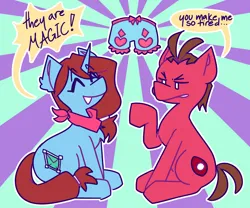Size: 2048x1707 | Tagged: safe, artist:mimzyymay, ponified, earth pony, pony, unicorn, ace attorney, annoyed, apollo justice, bloomers, blue coat, cutie mark, duo, eyes closed, female, happy, image, jpeg, male, mare, neckerchief, red coat, sitting, stallion, trucy wright
