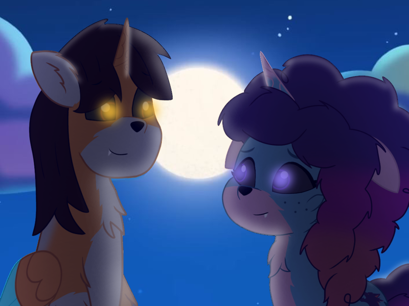 Size: 1024x768 | Tagged: safe, artist:bluemario11, derpibooru import, oc, oc:ej, were-pony, g5, cloud, countershading, female, image, looking at each other, looking at someone, male, misty brightdawn, moon, night, png, sky