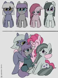 Size: 3072x4096 | Tagged: safe, artist:metaruscarlet, derpibooru import, limestone pie, marble pie, maud pie, pinkie pie, earth pony, pony, clothes, cutie mark, female, filly, filly limestone pie, filly marble pie, filly maud pie, filly pinkie pie, foal, gray background, image, looking at someone, looking at you, looking down, open mouth, pie sisters, png, sad, siblings, simple background, sisters, smiling, younger