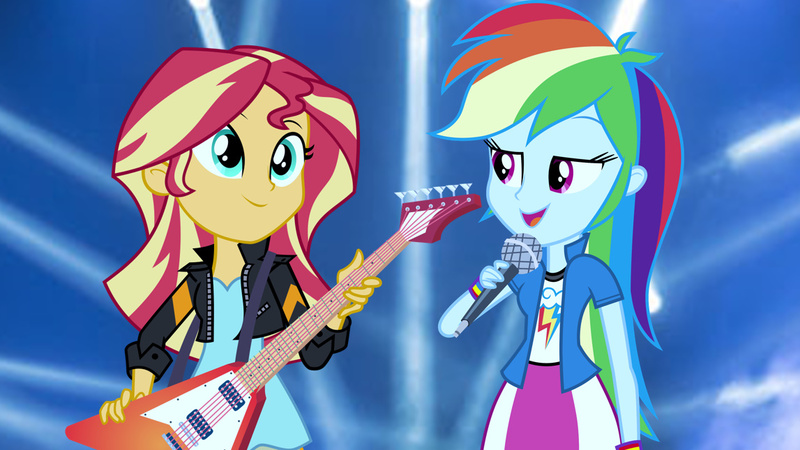 Size: 1147x645 | Tagged: safe, artist:richardchibbard, derpibooru import, rainbow dash, sunset shimmer, human, equestria girls, female, g4, guitar, image, jpeg, microphone, musical instrument