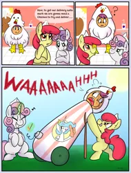 Size: 780x1025 | Tagged: safe, artist:therainbowtroll, derpibooru import, apple bloom, princess celestia, scootaloo, sweetie belle, alicorn, earth pony, pegasus, pony, unicorn, adorabloom, animal costume, chicken suit, clothes, comic, costume, cute, cutealoo, cutie mark crusaders, dialogue, diasweetes, fuse, glow, glowing horn, hat, horn, image, implied ponies eating meat, kfc, magic, magic aura, match, meat, meme, mischievous, png, pony cannonball, scootachicken, telekinesis, this will end in tears and/or death and/or covered in tree sap, to the sun