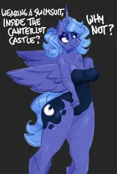 Size: 3000x4452 | Tagged: suggestive, artist:flutterthrash, derpibooru import, princess luna, alicorn, anthro, plantigrade anthro, 2d, ankles, belly button, big breasts, black background, breasts, busty princess luna, cleavage, clothes, cutie mark, dialogue, erect nipples, eyeshadow, female, g4, grin, high res, image, legs, lidded eyes, makeup, midriff, nipple outline, one-piece swimsuit, png, s1 luna, simple background, smiling, smug, solo, solo female, swimsuit, thighs, wide hips, wings