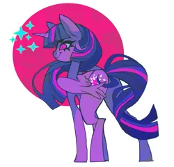 Size: 797x765 | Tagged: safe, artist:cutesykill, derpibooru import, twilight sparkle, twilight sparkle (alicorn), alicorn, pony, alternate eye color, beanbrows, big ears, concave belly, eyebrows, female, g4, horn, image, long legs, long neck, mare, multicolored mane, multicolored tail, no catchlights, passepartout, pink eyes, png, profile, purple coat, shrunken pupils, simple background, slender, smiling, solo, sparkles, standing, straight mane, straight tail, tail, thin, thin legs, unicorn horn, white background