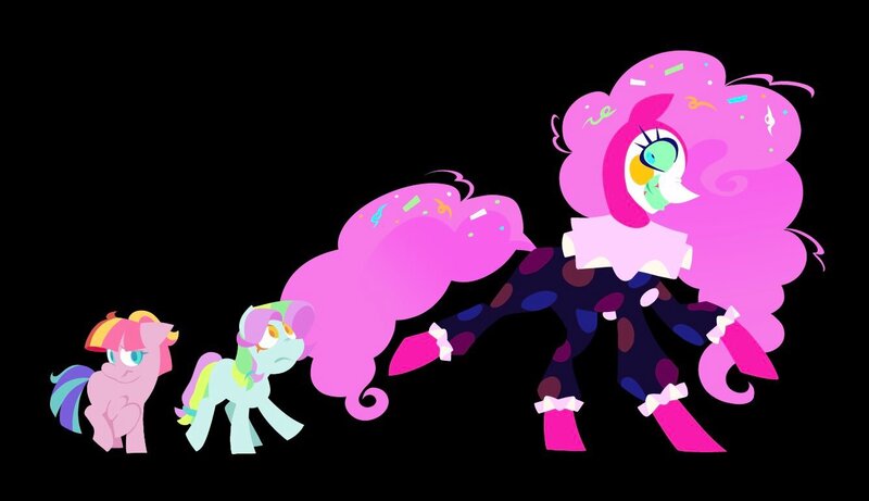 Size: 1337x771 | Tagged: safe, artist:partyponypower, derpibooru import, pinkie pie, oc, unnamed oc, earth pony, pony, black background, blue coat, blue eyes, blue sclera, clown makeup, clown outfit, colored eyelashes, colored sclera, colored teeth, confetti, confetti in mane, confetti in tail, curly mane, curly tail, earth pony oc, eternal night au (janegumball), evil grin, female, floppy ears, foal, frown, g4, grin, image, jpeg, lineless, long mane, long tail, looking at someone, looking back, looking up, mare, multicolored mane, multicolored tail, nightmare pinkie, nightmarified, no catchlights, pink coat, pink mane, pink tail, ponytail, profile, raised hoof, raised leg, shrunken pupils, simple background, slasher smile, smiling, solo focus, tail, tied mane, tied tail, trio, two toned mane, two toned tail, walking, yellow eyes