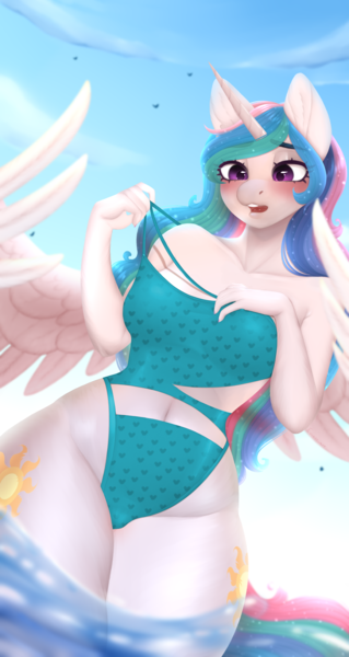 Size: 2658x5000 | Tagged: source needed, useless source url, suggestive, artist:evlass, derpibooru import, princess celestia, alicorn, anthro, clothes, commission, horn, image, open mouth, png, solo, swimsuit, ych result
