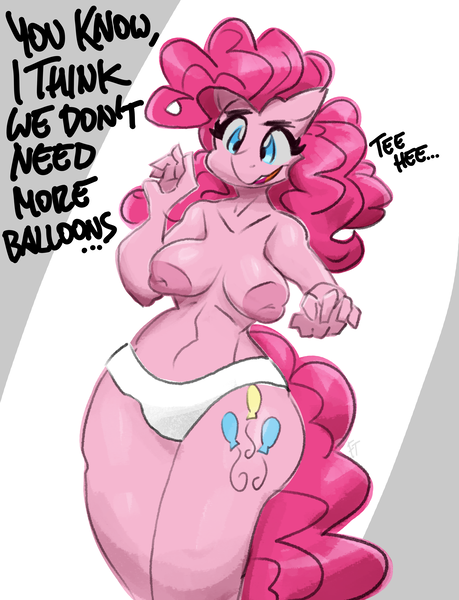 Size: 3000x3919 | Tagged: questionable, artist:flutterthrash, derpibooru import, pinkie pie, anthro, earth pony, areola, belly button, big areola, breasts, busty pinkie pie, clothes, female, g4, giggling, high res, image, looking down, nipples, nudity, panties, png, solo, solo female, underwear, white underwear, wide hips