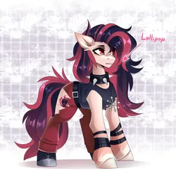 Size: 2283x2277 | Tagged: safe, artist:buvanybu, derpibooru import, oc, oc:melody heartburn, unofficial characters only, amulet, belt, candy, chaos star, clothes, collar, female, food, goth, image, jewelry, lollipop, not a cigarette, pants, png, ripped pants, solo, solo female, spiked collar, torn clothes