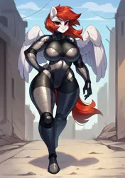 Size: 1440x2048 | Tagged: suggestive, ai content, derpibooru import, machine learning generated, anthro, fallout equestria, armor, big breasts, bodysuit, breasts, clothes, curvy, derpibooru exclusive, enclave, enclave armor, female, hourglass figure, image, pegasus enclave, png, prompter:inky heart, rubber, solo, solo female, thick, wasteland, wide hips