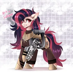 Size: 2240x2307 | Tagged: safe, artist:buvanybu, derpibooru import, oc, oc:melody heartburn, unofficial characters only, earth pony, armor, candy, chaos star, earth pony oc, ergonomics, female, flamethrower, food, fuel tank, image, lollipop, not a cigarette, png, soldier, solo, solo female, weapon