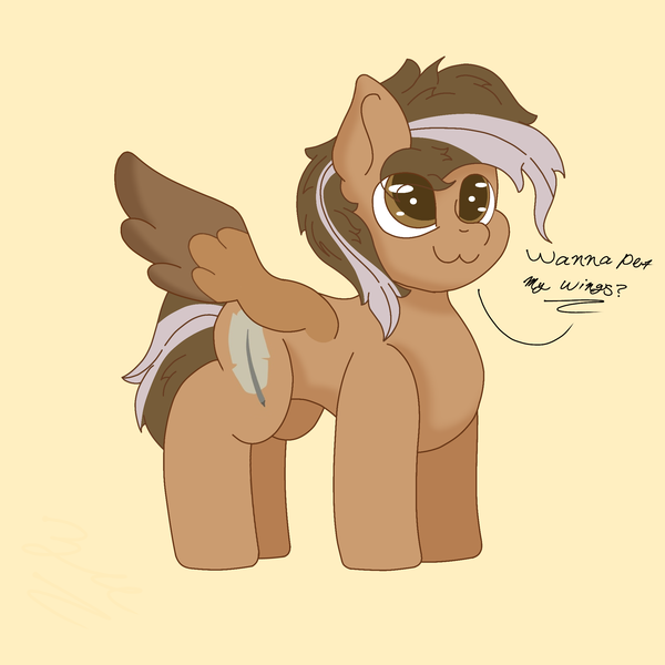 Size: 2048x2048 | Tagged: safe, artist:zugatti, derpibooru import, oc, oc:zugatti, unofficial characters only, pegasus, :3, adorable face, brown coat, brown eyes, brown hair, brown mane, brown tail, chubby, colored wings, concave belly, cute, cutie mark, image, innocent, png, shading, simple background, simple shading, solo, speech, spread wings, tail, talking, two toned mane, two toned tail, two toned wings, wings, yellow background