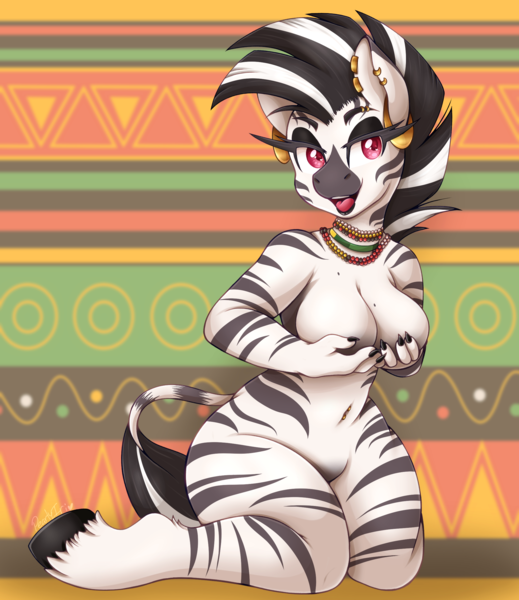 Size: 2020x2337 | Tagged: suggestive, artist:pearlyiridescence, derpibooru import, oc, oc:lulu, unofficial characters only, anthro, pony, unguligrade anthro, zebra, belly button, belly piercing, black lipstick, boob freckles, breasts, chest freckles, covering, covering breasts, ear piercing, eyebrow piercing, female, freckles, image, jewelry, kneeling, leonine tail, lipstick, mare, mohawk, necklace, nudity, open mouth, painted nails, piercing, png, simple background, smiling, solo, solo female, tail, unshorn fetlocks, zebra oc