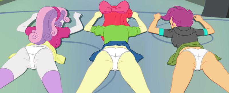 Size: 5087x2069 | Tagged: suggestive, artist:gmaplay, derpibooru import, apple bloom, scootaloo, sweetie belle, equestria girls, ass, bloom butt, butt, buttock, clothes, face down ass up, g4, image, lying down, png, prone, scootabutt, solo, sweetie butt, unconscious, underwear, white underwear