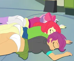 Size: 5595x4577 | Tagged: suggestive, artist:gmaplay, derpibooru import, apple bloom, scootaloo, sweetie belle, equestria girls, ass, bloom butt, butt, buttock, clothes, face down ass up, g4, image, lying down, png, prone, scootabutt, solo, sweetie butt, unconscious, underwear, white underwear