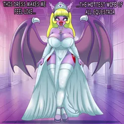 Size: 4200x4200 | Tagged: suggestive, artist:pananovich, derpibooru import, oc, oc:flourish glade, unofficial characters only, anthro, bat pony, pony, unguligrade anthro, absurd resolution, bare shoulders, bat pony oc, bat wings, bedroom eyes, big breasts, big lips, bimbo, bimbo oc, blushing, breasts, cleavage, clothes, dress, female, high heels, huge breasts, image, jewelry, looking at you, mare, necklace, png, shoes, socks, stockings, talking to viewer, thigh highs, tiara, wedding dress, wings