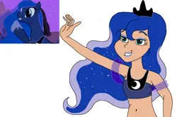 Size: 1148x759 | Tagged: safe, artist:ocean lover, derpibooru import, princess luna, human, luna eclipsed, season 2, bare midriff, bare shoulders, beautiful, belly button, blue eyeshadow, blue hair, blue lipstick, clothes, crown, curvy, cute, ethereal hair, exposed belly, eyeshadow, g4, hand up, hourglass figure, human coloration, humanized, image, jewelry, lidded eyes, lipstick, makeup, midriff, moderate dark skin, ms paint, night, peytral, png, pretty, princess of the night, reference, regalia, scene interpretation, simple background, sleeveless, smiling, species swap, starry hair, stupid sexy princess luna, teal eyes, the fun has been doubled, transparent background, wavy hair, white background