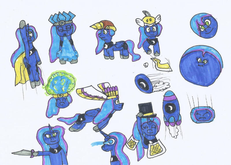 Size: 1058x755 | Tagged: safe, artist:spaton37, derpibooru import, princess luna, alicorn, ball, bipedal, cape, clothes, crossover, cutter, drill, hat, ice, image, inflation, jpeg, kirby (series), laser, missile, morph ball, princess balluna, stone, sword, traditional art, transformation, weapon, wheel, wings