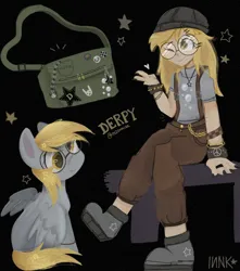 Size: 1200x1356 | Tagged: safe, artist:inzomniak, derpibooru import, derpy hooves, human, pegasus, abstract background, alternate design, bag, beanie, bracelet, clothes, cutie mark, cutie mark on clothes, female, floating heart, freckles, glasses, handbag, hat, heart, humanized, image, jpeg, meganekko, one eye closed, overalls, round glasses, solo, spiked wristband, stars, wristband