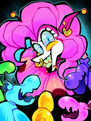 Size: 3000x4000 | Tagged: safe, artist:st_moloch, derpibooru import, pinkie pie, earth pony, pony, alternate timeline, black background, clown makeup, clown outfit, colored eyelashes, colored sclera, colored teeth, confetti, confetti in mane, curly mane, eternal night au (janegumball), evil grin, female, g4, grin, image, long mane, long tail, mare, nightmare pinkie, nightmare takeover timeline, nightmarified, png, simple background, slasher smile, smiling, swirly eyes, tail