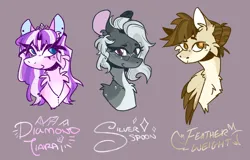 Size: 1280x818 | Tagged: safe, artist:kinda-lost, derpibooru import, diamond tiara, featherweight, silver spoon, earth pony, pegasus, pony, bust, cheek fluff, chest fluff, female, image, looking at you, male, mare, name, older, older diamond tiara, older featherweight, older silver spoon, png, purple background, simple background, smiling, smiling at you, stallion