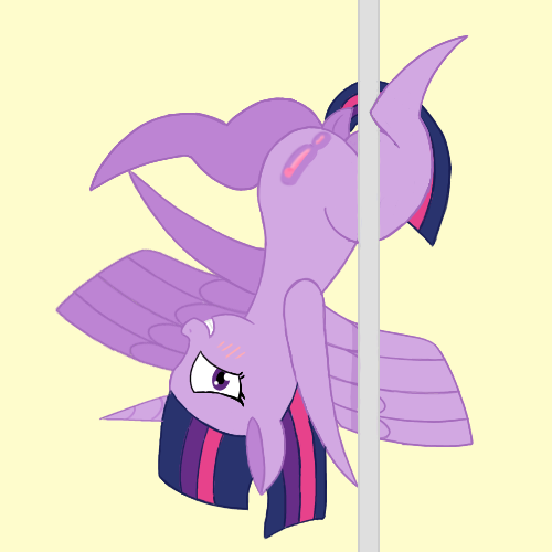 Size: 500x500 | Tagged: explicit, artist:anonymous, derpibooru import, twilight sparkle, alicorn, pony, blushing, image, png, pointy ponies, pole dancing, simple background, smiling, spread legs, spreading, stripper pole, upside down