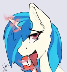 Size: 800x859 | Tagged: suggestive, artist:slendidnt, derpibooru import, vinyl scratch, unicorn, candy, candy cane, food, glow, glowing horn, horn, image, licking, magic, open mouth, png, signature, simple background, tongue out