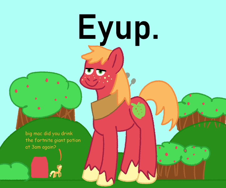 Size: 1913x1588 | Tagged: safe, artist:zoeyhorse, derpibooru import, applejack, big macintosh, earth pony, pony, brother and sister, dialogue, duo, duo male and female, eeyup, female, giant pony, image, lidded eyes, macro, male, mare, png, really big mac, siblings, smiling, solo focus, stallion