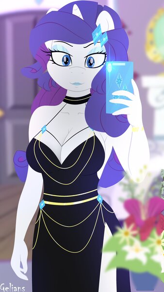 Size: 2304x4096 | Tagged: safe, artist:gelians, derpibooru import, rarity, anthro, unicorn, breasts, busty rarity, cleavage, clothes, dress, female, fishtail dress meme, high res, horn, image, jpeg, meme, mobile phone, phone, selfie, smartphone, solo