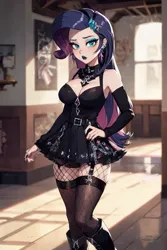 Size: 1024x1536 | Tagged: safe, ai content, derpibooru import, editor:sammykun, machine learning generated, rarity, human, ankle boots, belt, black dress, black lipstick, blurry background, boots, breasts, busty rarity, choker, cleavage, clothes, detached sleeves, dress, ear piercing, earring, emotionless, female, female focus, fishnet clothing, fishnet pantyhose, fishnets, full body, g4, generator:yodayo, goth, gothic, humanized, image, indoors, jacket, jewelry, leather, leather boots, lipstick, long hair, long sleeves, looking at you, makeup, midriff, outdoors, outfit, painted nails, pantyhose, piercing, png, prompter:sammykun, punk, reasonably sized breasts, ribcage, shoes, skirt, slender, socks, solo focus, stockings, straps, thigh highs, thin