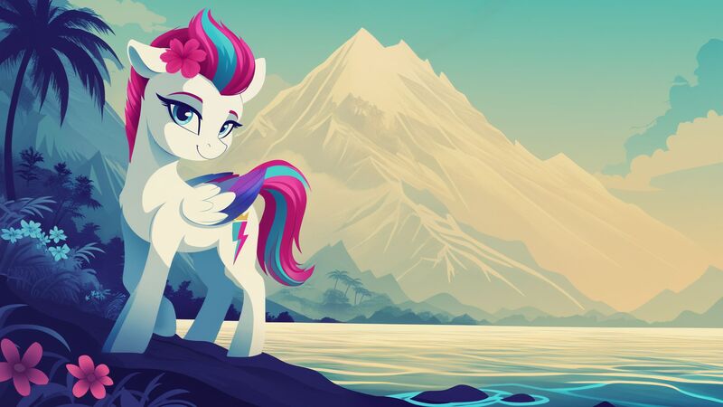 Size: 2560x1440 | Tagged: safe, ai content, derpibooru import, machine learning generated, stable diffusion, zipp storm, pegasus, pony, g5, blue sky, female, flower, flower in hair, generator:pony diffusion v6 xl, image, island, jpeg, limited palette, lineless, looking at you, mare, mountain, ocean, palm tree, prompter:siber, raised hoof, smiling, smiling at you, solo, tree, wallpaper, water