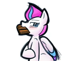 Size: 1049x883 | Tagged: safe, artist:zutcha, derpibooru import, zipp storm, pegasus, pony, g5, blushing, bust, chocolate, chocolate bar, eating, female, food, full mouth, image, looking at you, mare, mouth hold, png, simple background, solo, that pony sure does love chocolate, white background