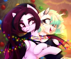 Size: 2428x2000 | Tagged: safe, artist:sparkling_light, derpibooru import, oc, bat pony, pony, unicorn, christmas, christmas tree, duo, garland, holiday, horn, image, open mouth, png, tree