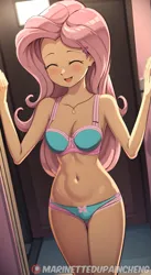 Size: 629x1152 | Tagged: suggestive, ai content, derpibooru import, machine learning generated, fluttershy, human, equestria girls, bikini, clothes, cute, e-cup bra, g4, image, png, prompter:marinette-du-pain-cheng, smiling, solo, swimsuit, underwear