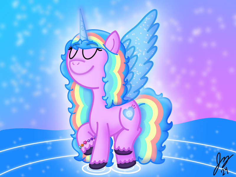 Size: 2160x1620 | Tagged: safe, artist:jesslmc16, derpibooru import, izzy moonbow, alicorn, pony, g5, my little pony: tell your tale, spoiler:g5, spoiler:my little pony: tell your tale, spoiler:tyts02e00, artificial wings, augmented, bracelet, cute, digital art, eyes closed, female, full body, horn, image, izzybetes, jewelry, magic, magic wings, mare, multicolored hair, png, rainbow hair, solo, solo female, standing, the blockywockys, water, wings