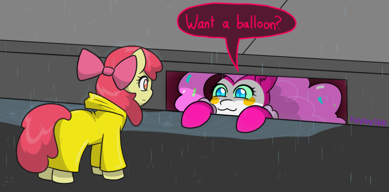 Size: 3921x1940 | Tagged: safe, artist:hayley566, derpibooru import, apple bloom, pinkie pie, earth pony, pony, clown, female, filly, foal, image, it, mare, pennywise, pinkiewise, png, rain, raincoat, sewer, speech bubble, storm drain, street, this will end in death