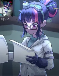 Size: 3186x4096 | Tagged: safe, artist:gunim8ed, derpibooru import, sci-twi, twilight sparkle, human, eqg summertime shorts, equestria girls, mad twience, clothes, g4, gloves, goggles, goggles on head, image, jpeg, lab coat, paper, pencil, scene interpretation, screencap reference