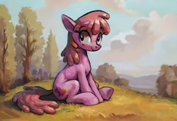 Size: 1058x724 | Tagged: safe, artist:yidwags, derpibooru import, berry punch, berryshine, earth pony, pony, autumn, female, forest, hill, image, jpeg, looking sideways, mare, nature, sitting, smiling, solo, tree