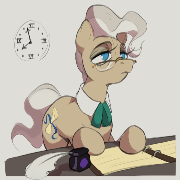 Size: 2000x2000 | Tagged: safe, artist:egil, derpibooru import, mayor mare, earth pony, pony, clock, desk, female, g4, glasses, high res, image, inkwell, mare, png, quill, simple background, solo, tired, wall clock