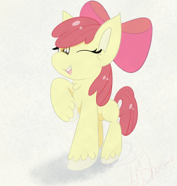 Size: 2868x3004 | Tagged: safe, artist:tkshoelace, derpibooru import, apple bloom, earth pony, pony, bow, hair bow, image, looking at you, one eye closed, png, raised leg, simple background, solo, wink, winking at you