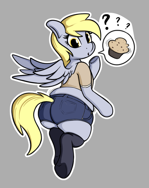 Size: 1718x2160 | Tagged: safe, artist:andelai, derpibooru import, derpy hooves, pegasus, pony, semi-anthro, butt, chubby, clothes, denim, denim shorts, female, food, gray background, image, looking at you, looking back, looking back at you, mare, midriff, muffin, muffin top, open mouth, plot, png, question mark, shirt, shorts, simple background, socks, solo, speech bubble, t-shirt