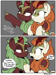 Size: 2100x2821 | Tagged: safe, artist:icey, derpibooru import, autumn blaze, cinder glow, summer flare, kirin, 2 panel comic, :<, comic, confused, descriptive noise, dialogue, duo, duo female, female, gesture, image, png, speech bubble, thought bubble, x x everywhere