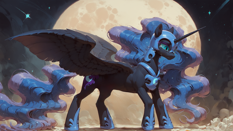 Size: 2736x1536 | Tagged: safe, ai content, derpibooru import, machine learning generated, prompter:oranzinispegasiukas, stable diffusion, nightmare moon, alicorn, pony, armor, female, full moon, g4, generator:pony diffusion v6 xl, image, jewelry, mare, moon, night, png, regalia, solo, solo female, teary eyes