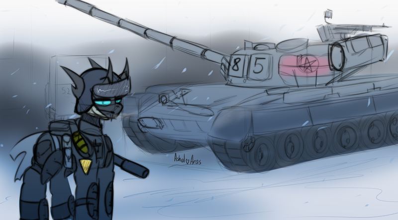 Size: 2925x1625 | Tagged: safe, artist:ashel_aras, derpibooru import, oc, unofficial characters only, changeling, armor, changeling oc, image, png, sketch, solo, tank (vehicle)