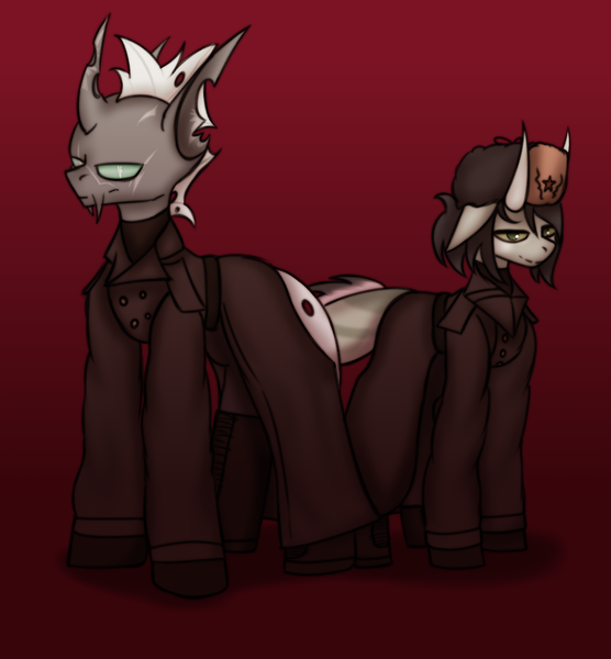Size: 2486x2681 | Tagged: safe, artist:ashel_aras, derpibooru import, oc, unofficial characters only, changeling, hybrid, changeling oc, clothes, coat, cyrillic, duo, gradient background, hybrid oc, image, png, russian, sketch