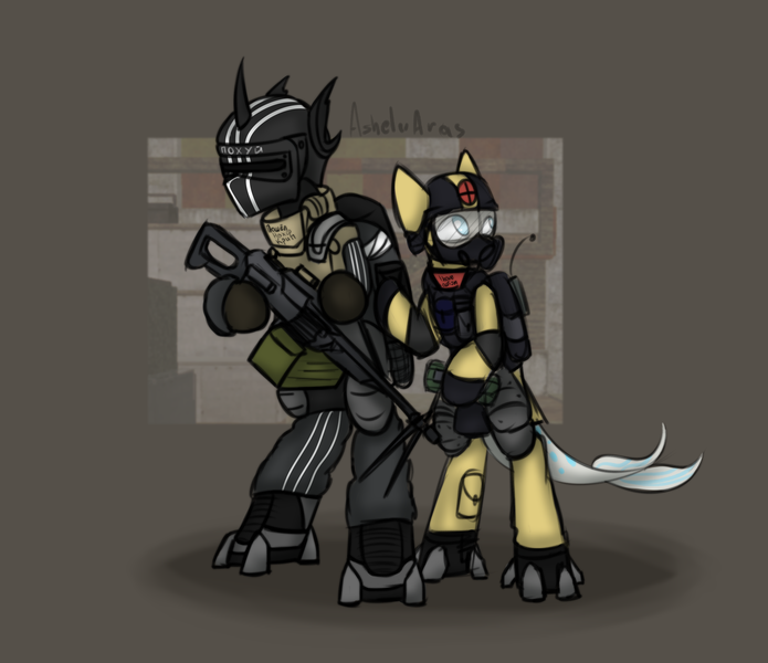 Size: 4144x3575 | Tagged: safe, artist:ashel_aras, derpibooru import, oc, oc:ashel, unofficial characters only, changeling, merpony, armor, changeling oc, cyrillic, duo, image, png, russian, text, weapon