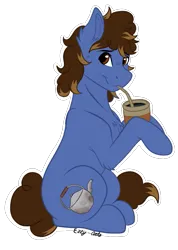 Size: 669x939 | Tagged: safe, artist:monsoonvisionz, derpibooru import, oc, oc:rusty kettle, unofficial characters only, earth pony, pony, blue coat, brown eyes, brown mane, curly mane, image, male, mate, png, simple background, solo, stallion, transparent background