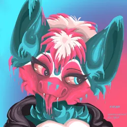 Size: 1200x1200 | Tagged: safe, artist:@cameron, derpibooru import, oc, oc:opal, bat pony, pony, :p, blue eye, clothes, commission, cute, eyebrows, fangs, female, fluffy, gray coat, hoodie, image, long tongue, looking right, neon, ooze, pink eyes, png, raised eyebrow, snout, solo, solo female, tongue out