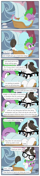 Size: 1600x6980 | Tagged: safe, artist:pony4koma, derpibooru import, raven, spike, dragon, pony, unicorn, ahhh, basket, bed sheets, bedroom, butt, canterlot, canterlot castle, comic, crushing, cute, facial expressions, female, g4, glasses, grrrr, hair bun, horn, hug, image, implied twilight sparkle, implied twilighting, looking at each other, looking at someone, magic, male, mare, necktie, nickname, older, older spike, pillow, pillow hug, plot, png, ravenbetes, sad, sad pony, sadorable, secretary, ship:ravenspike, shipping, sleeping, sleeping together, smiling, speech bubble, spikabetes, spike's bed, spikelove, straight, supportive, twilighting, uplifting, winged spike, wings